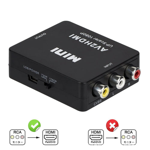 Black and white AV to HDMI mini converter with 0.5 metre cable for 1080P TV connections