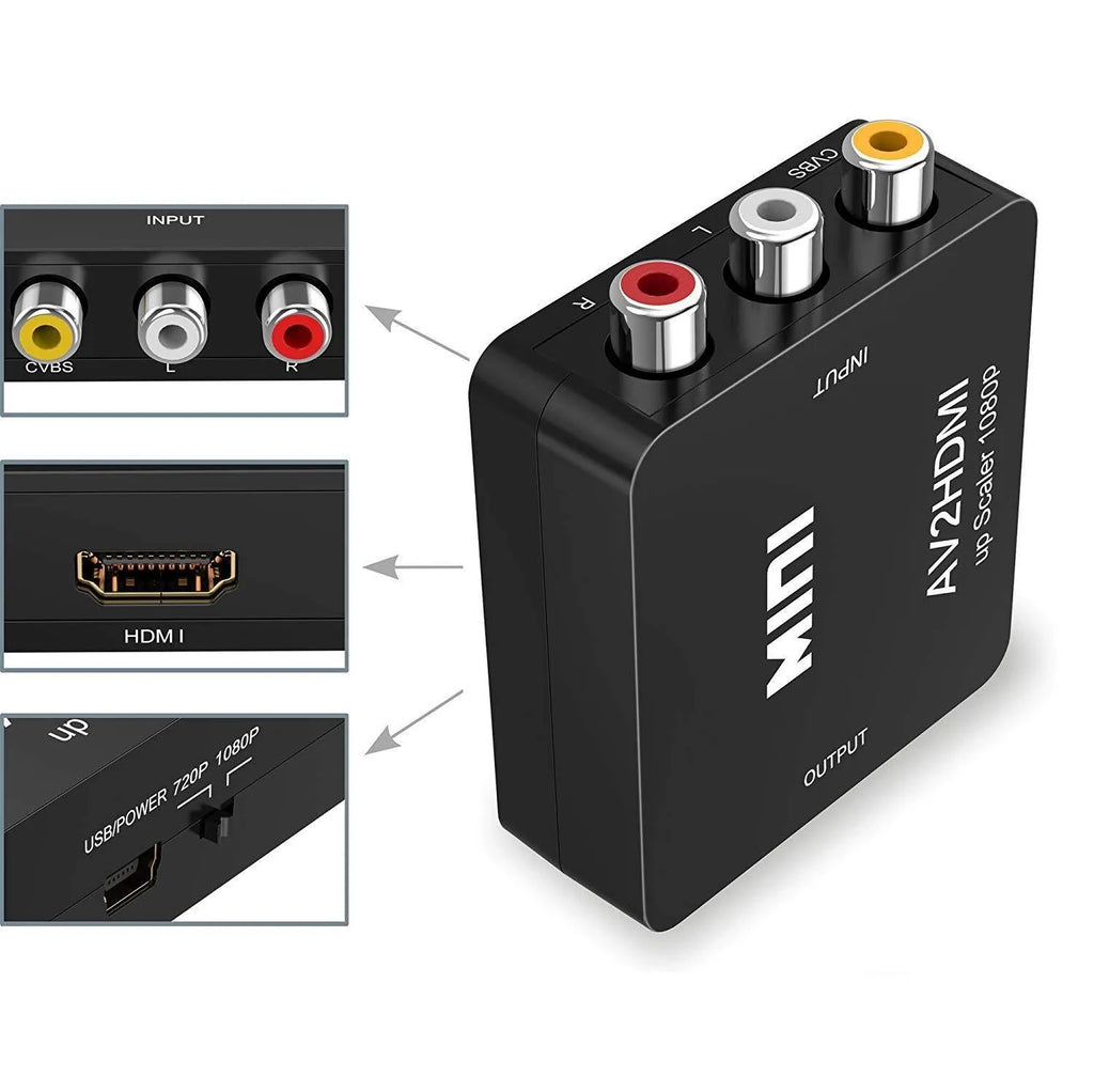 Black and white AV to HDMI mini converter with 0.5 metre cable for 1080P TV connections