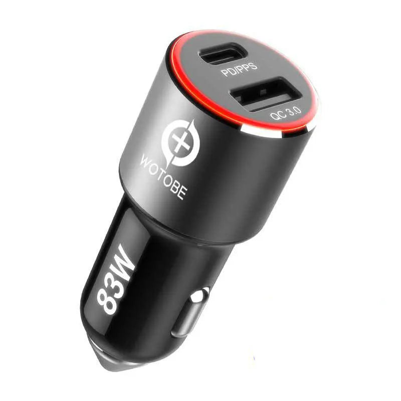 83W dual-port fast car charger with USB C and QC3.0 ports for Apple and Android devices.