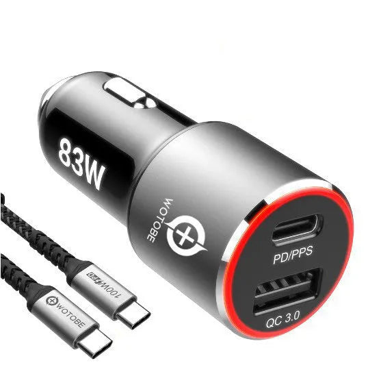 83W dual-port fast car charger with USB C and QC3.0 ports for Apple and Android devices.