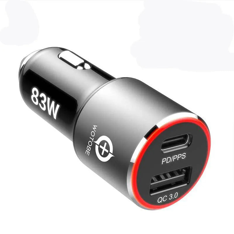 83W dual-port fast car charger with USB C and QC3.0 ports for Apple and Android devices.