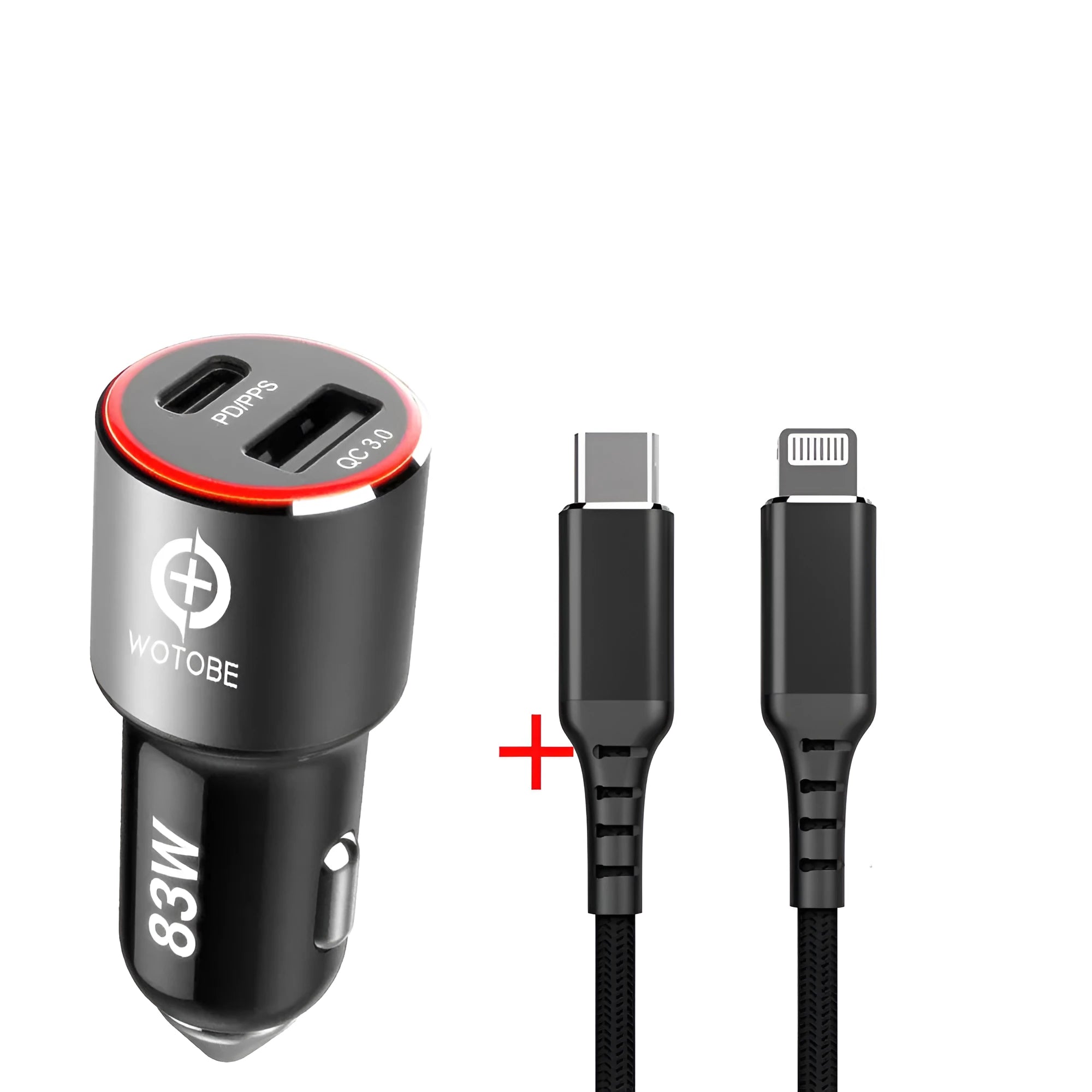 83W dual-port fast car charger with USB C and QC3.0 ports for Apple and Android devices.