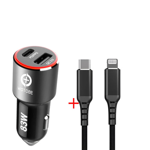 83W dual-port fast car charger with USB C and QC3.0 ports for Apple and Android devices.