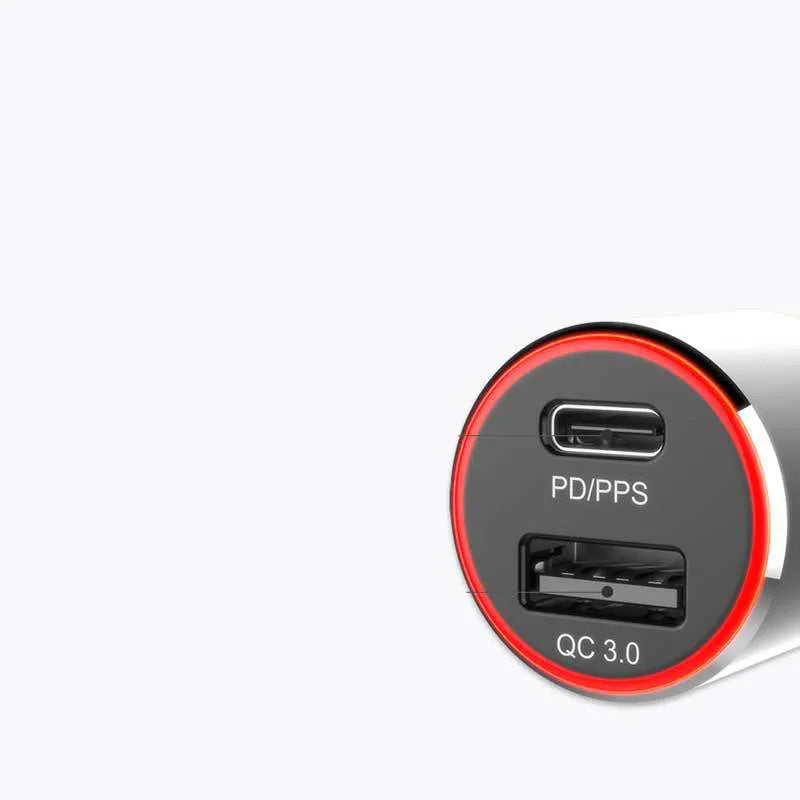 83W dual-port fast car charger with USB C and QC3.0 ports for Apple and Android devices.