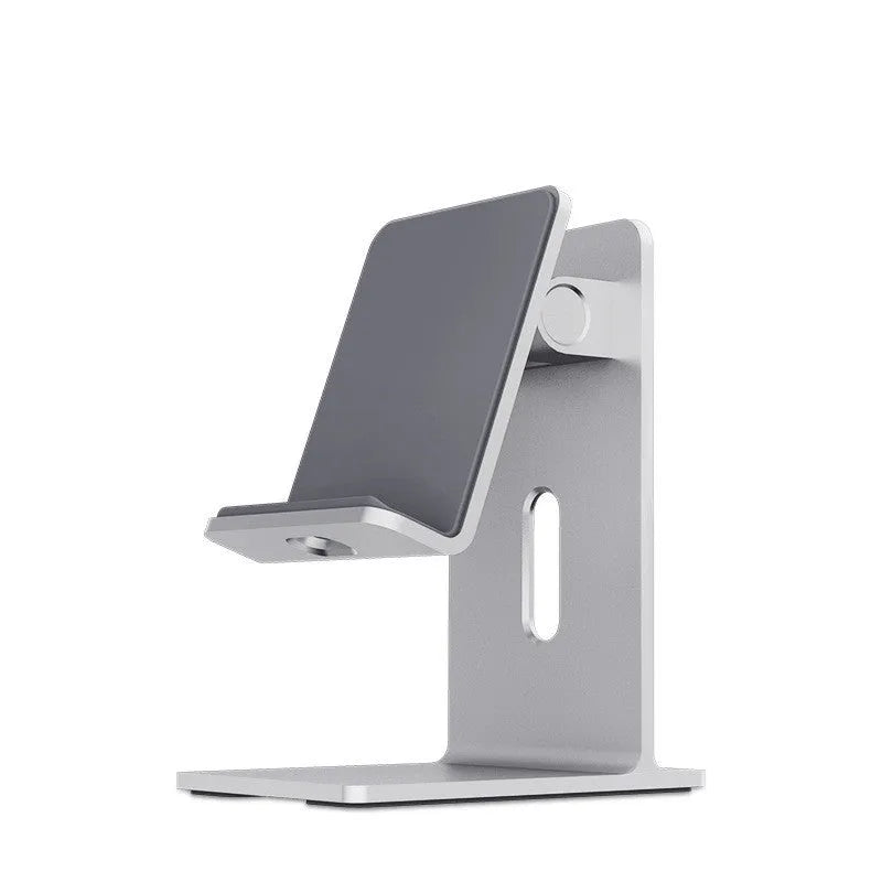 Alloy mobile phone holder with adjustable bracket in dark grey or silver colour on desktop