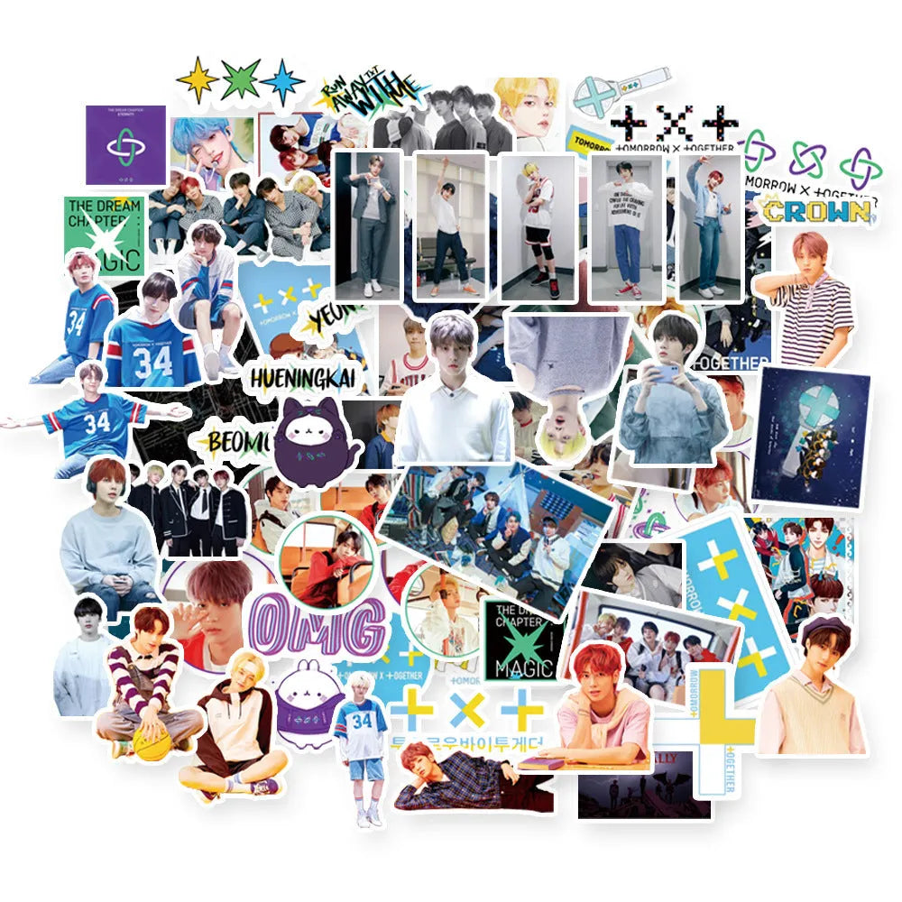 Star-shaped K-pop stickers with Exo, Nct127, Stray Kids, Twice, Got7, Seventeen, and Txt logos, 6x4cm, style options A to G