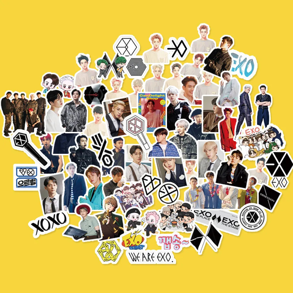 Star-shaped K-pop stickers with Exo, Nct127, Stray Kids, Twice, Got7, Seventeen, and Txt logos, 6x4cm, style options A to G