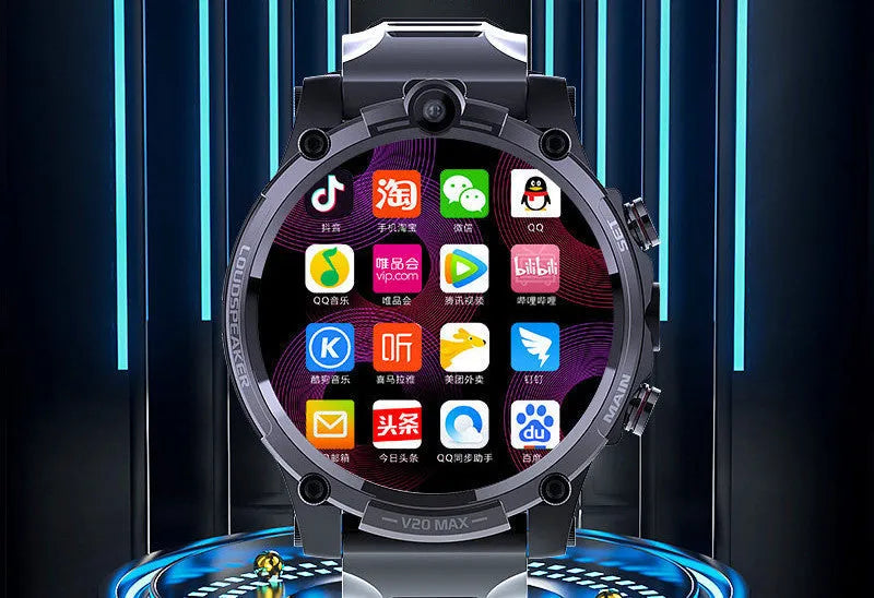 Black smart watch with 1.6-inch screen showing interface, wrist strap, and dual camera design