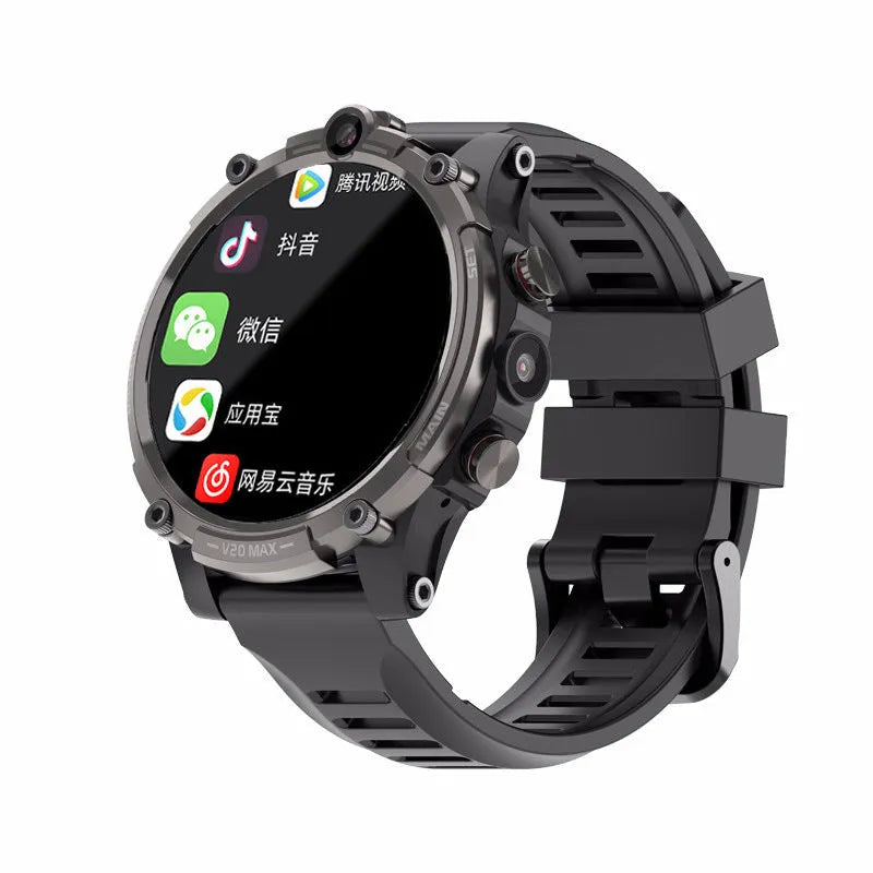 Black smart watch with 1.6-inch screen showing interface, wrist strap, and dual camera design