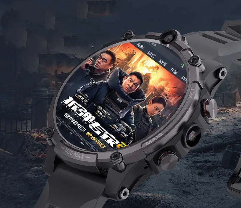 Black smart watch with 1.6-inch screen showing interface, wrist strap, and dual camera design
