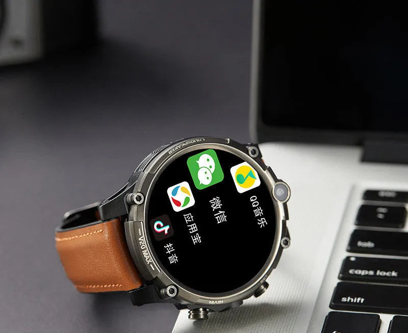 Black smart watch with 1.6-inch screen showing interface, wrist strap, and dual camera design
