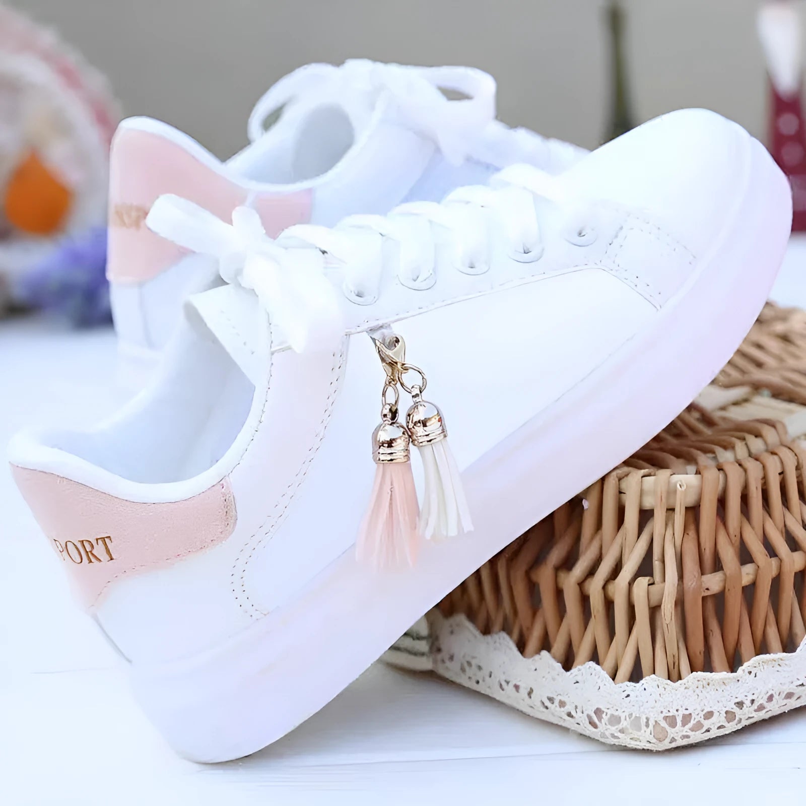 White mesh flat casual shoes for women with rubber sole and breathable lining.
