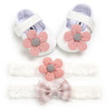Baby soft-soled toddler shoes with cotton upper and Velcro fastening in pink with matching headband