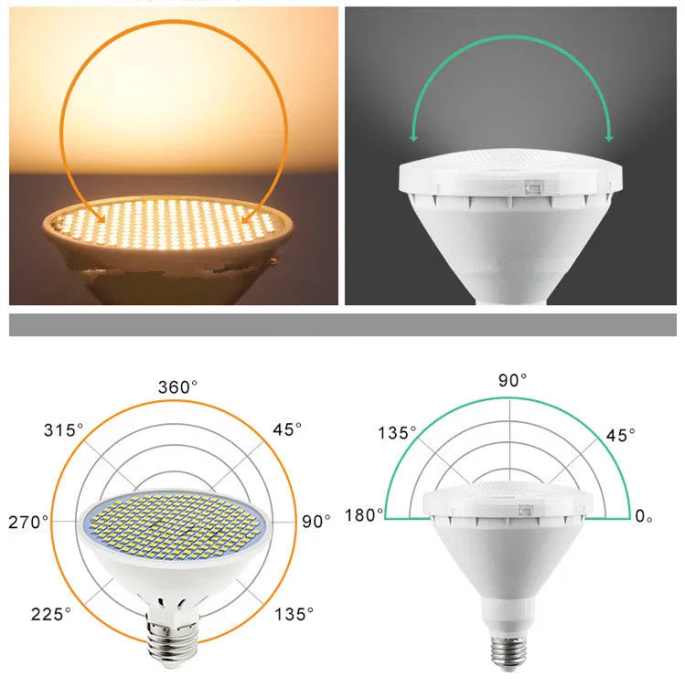 E27 LED lamp cup with SMD 2835 beads showing warm white and cool white options