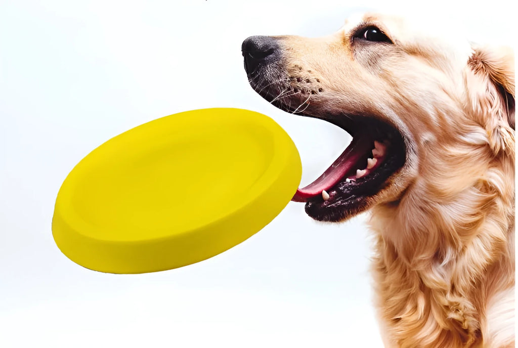 Bright yellow EVA plastic dog throwing toy for fetch games on a green lawn.