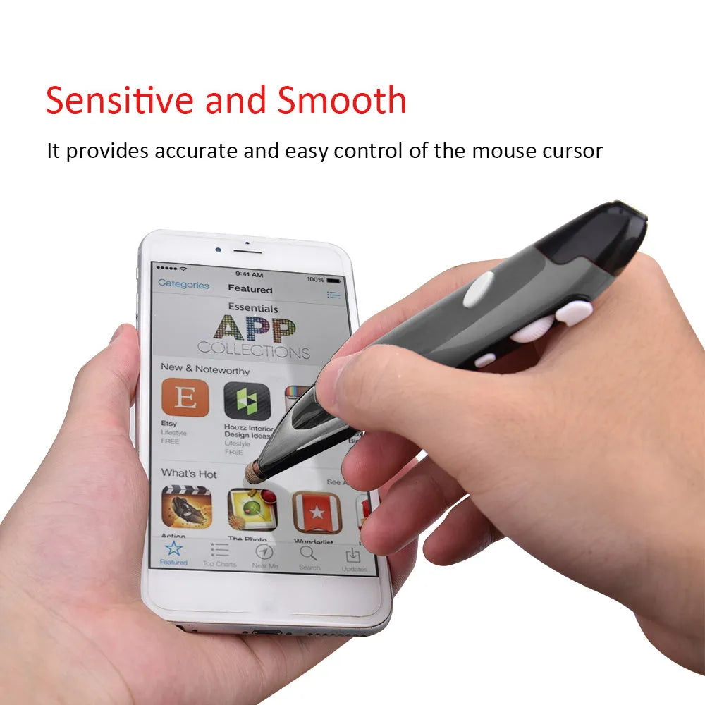 Wireless optical pen mouse in pen shape, red colour, ABS plastic construction with 2.4GHz USB receiver
