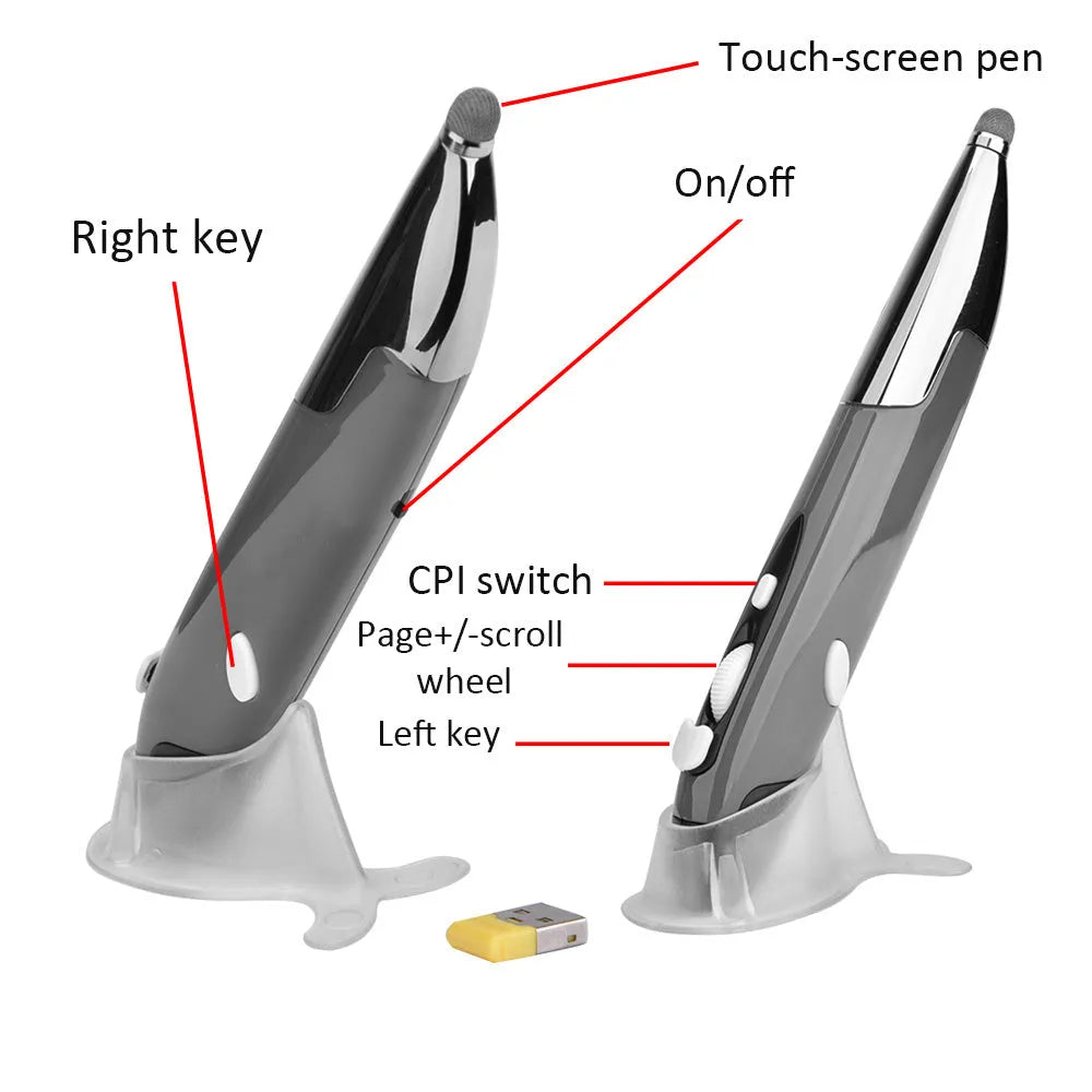 Wireless optical pen mouse in pen shape, red colour, ABS plastic construction with 2.4GHz USB receiver