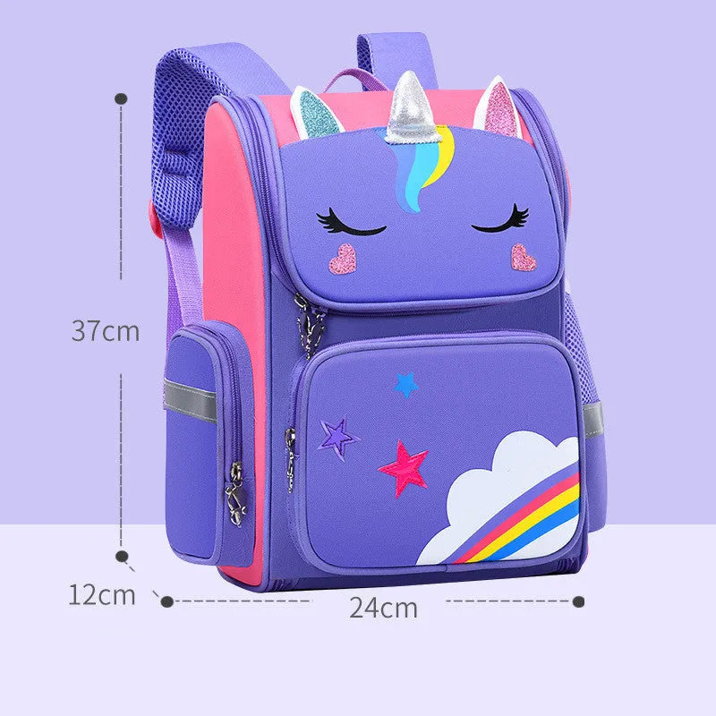 Blue polyester school bag for primary school children, shown in small and large size options.