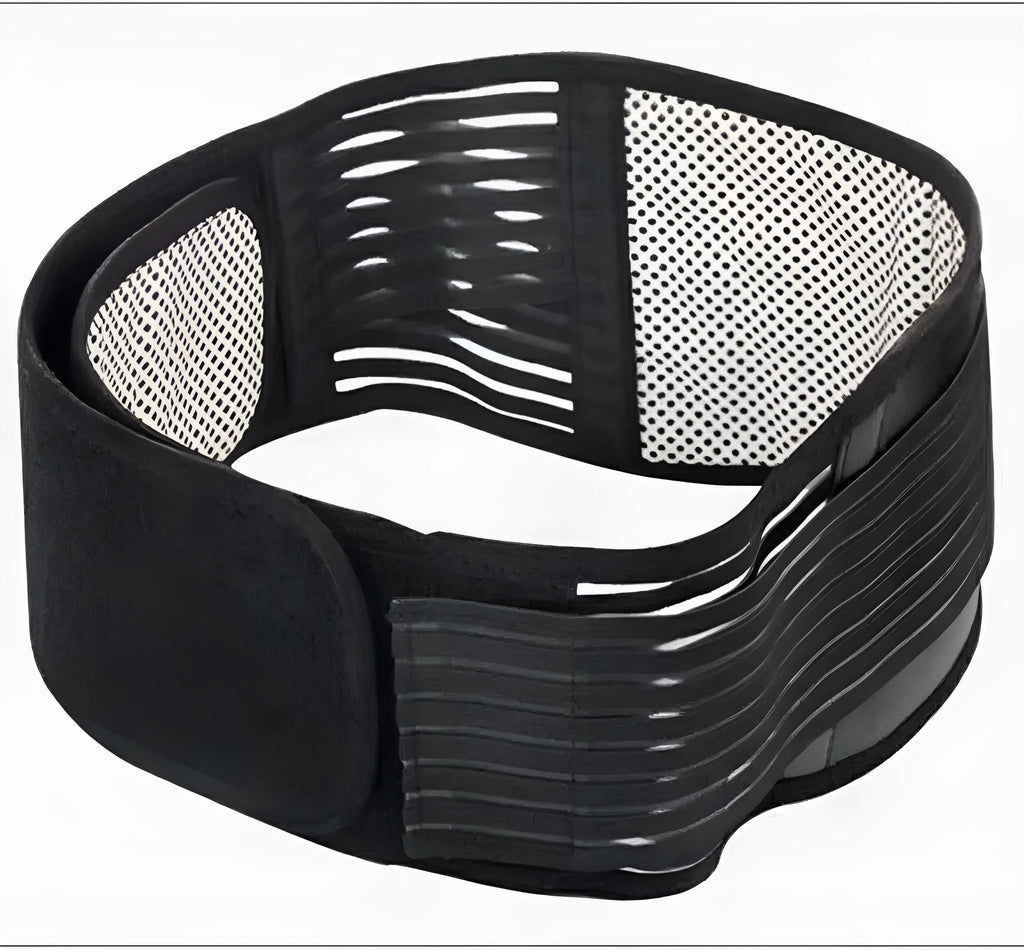 Black self-heating magnetic waist support belt wrapped around a model's lower back.