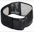 Black self-heating magnetic waist support belt wrapped around a model's lower back.