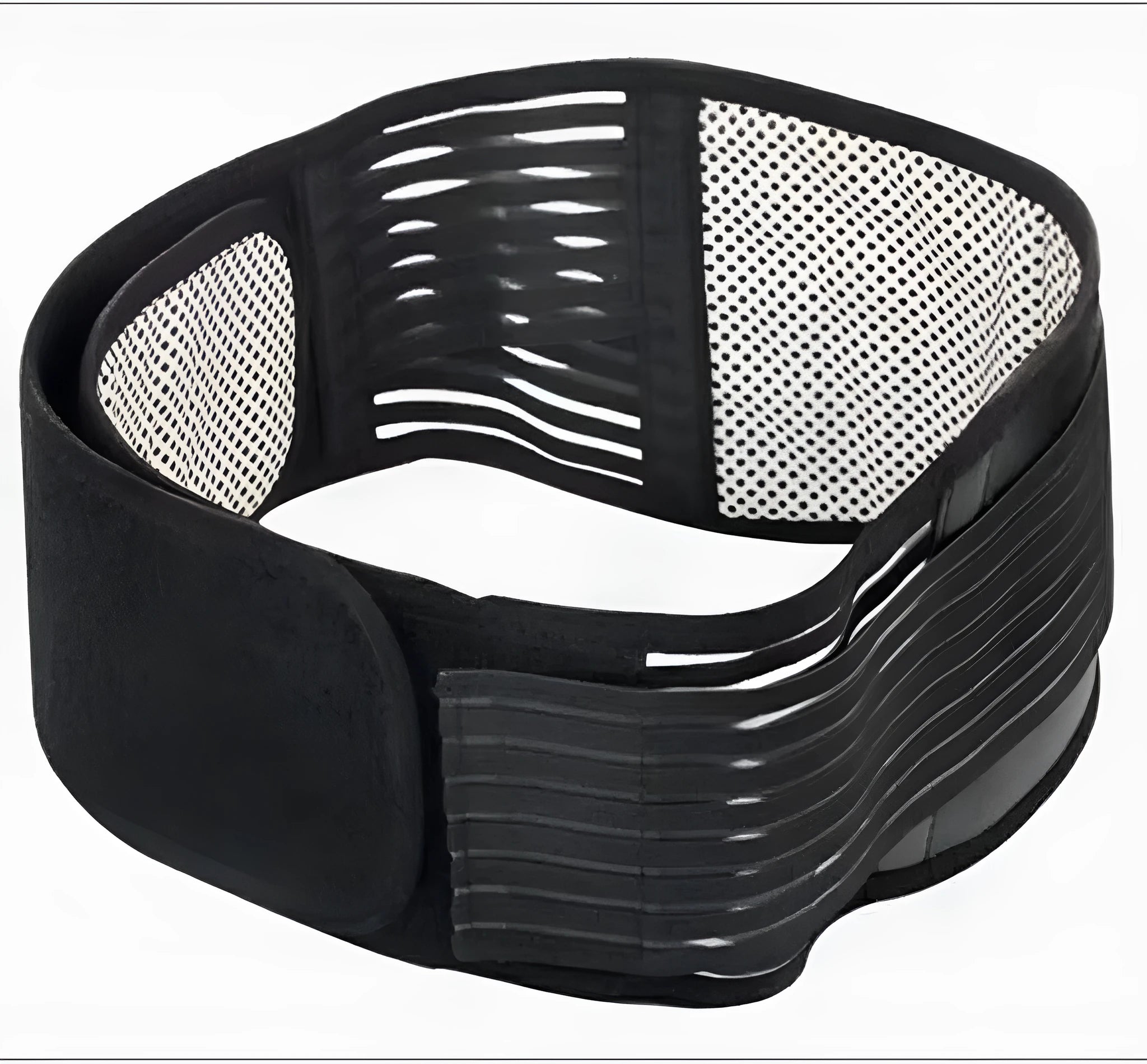 Black self-heating magnetic waist support belt wrapped around a model's lower back.