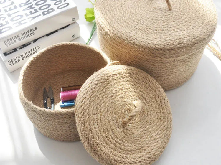 Japanese style linen fabric storage basket with a white cover in small, medium, and large sizes.