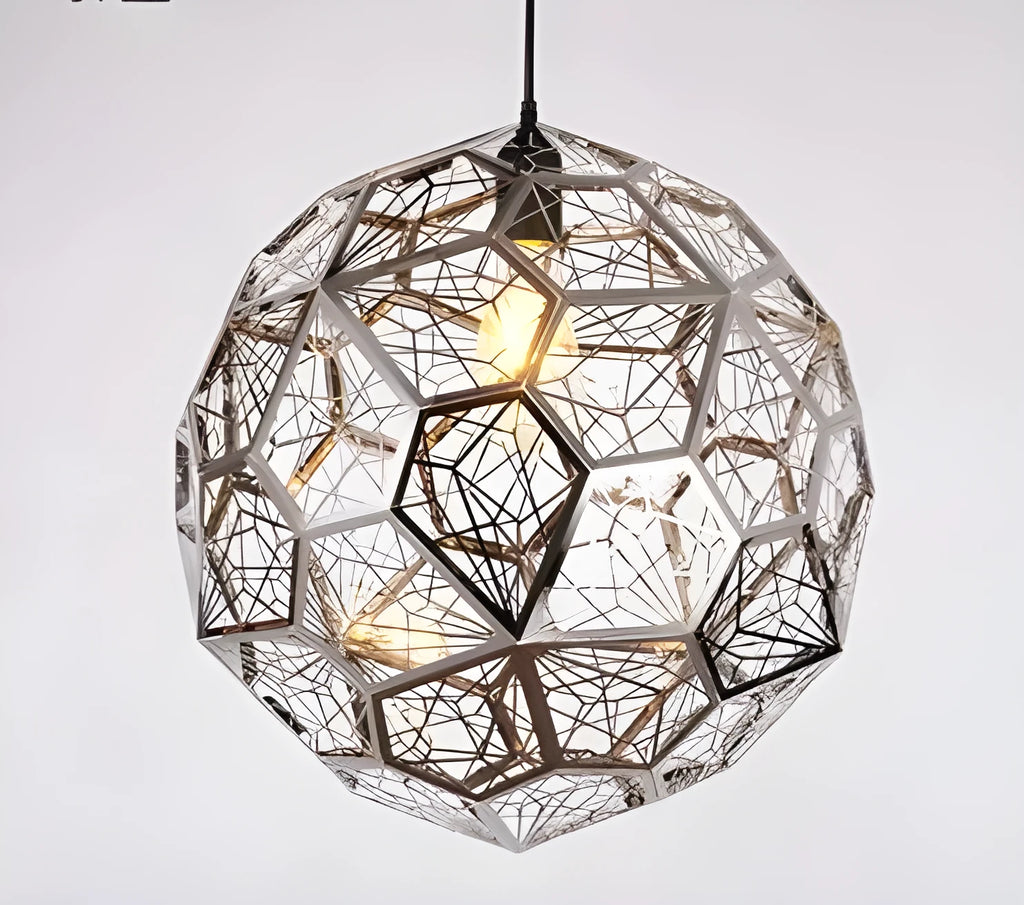 Modern polyhedron diamond ball stainless steel chandelier with geometric metal mesh shade in silver finish