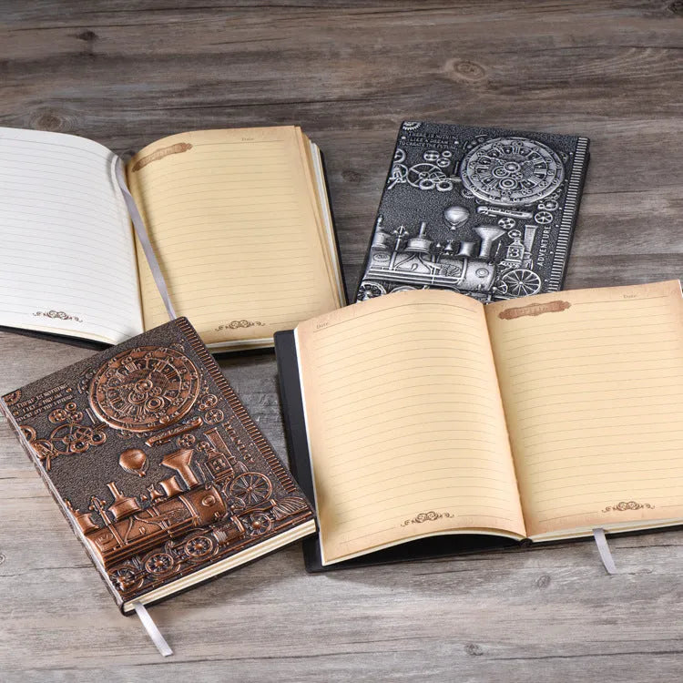 European relief retro embossed notepad diary in red bronze, silver, and green bronze colours.