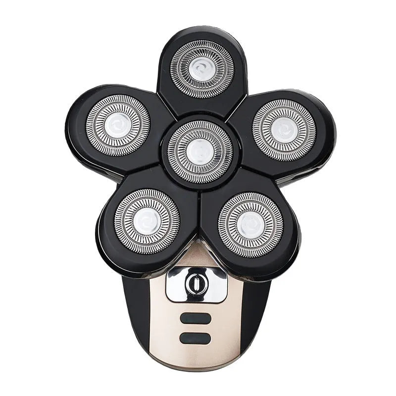 Smart digital five-head electric shaver in gold with floating cutter head and non-slip rubber grip