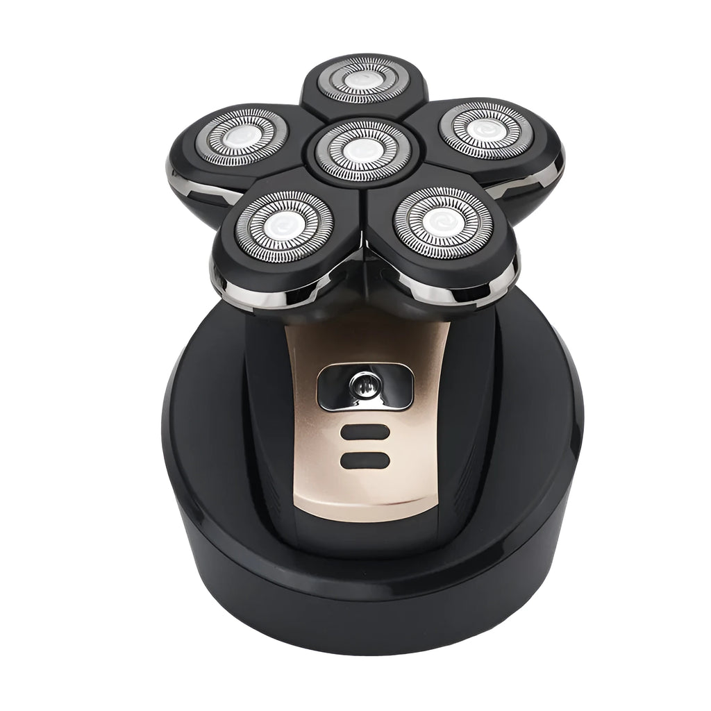 Smart digital five-head electric shaver in gold with floating cutter head and non-slip rubber grip