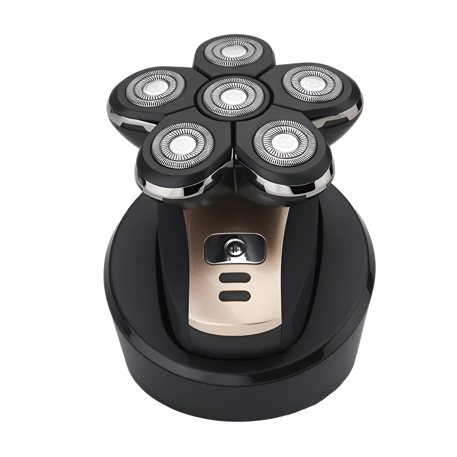 Smart digital five-head electric shaver in gold with floating cutter head and non-slip rubber grip