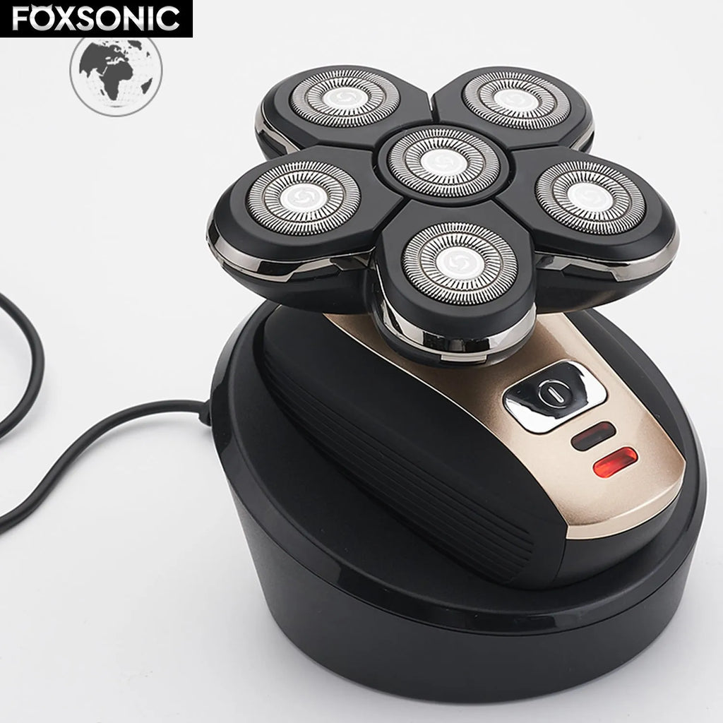 Smart digital five-head electric shaver in gold with floating cutter head and non-slip rubber grip