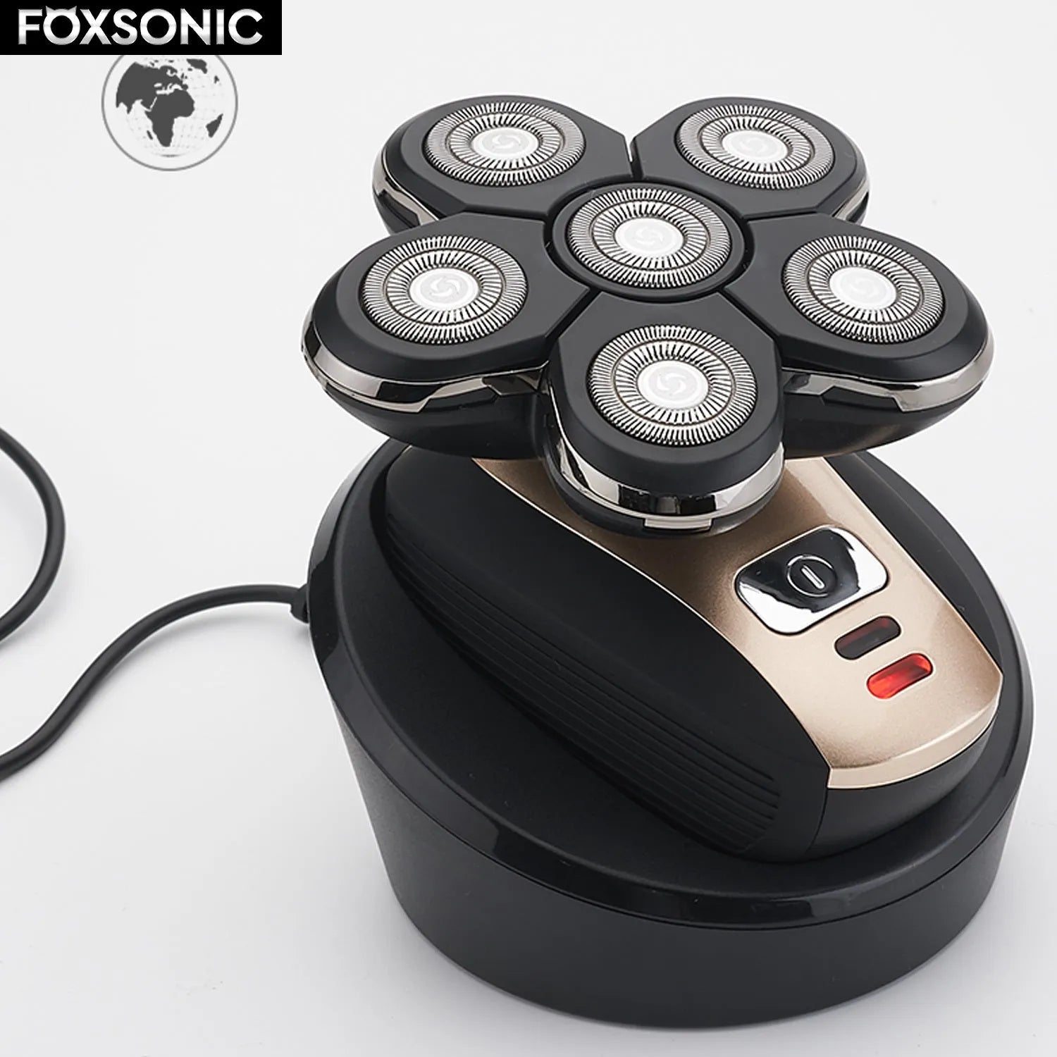 Smart digital five-head electric shaver in gold with floating cutter head and non-slip rubber grip