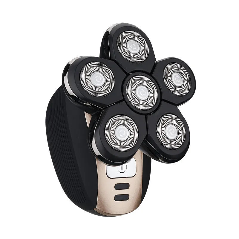 Smart digital five-head electric shaver in gold with floating cutter head and non-slip rubber grip