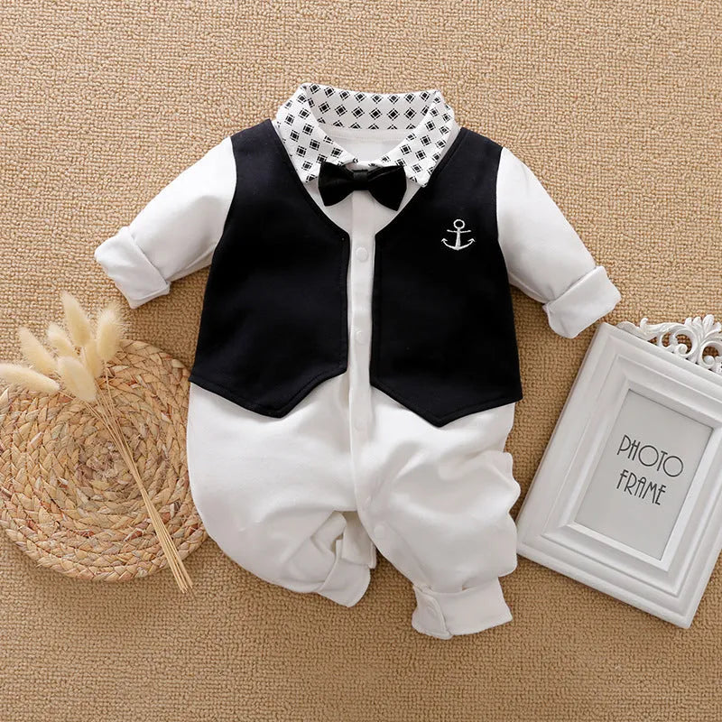 Baby wearing a long-sleeved cotton jumpsuit in a grey gentleman style for spring or autumn.