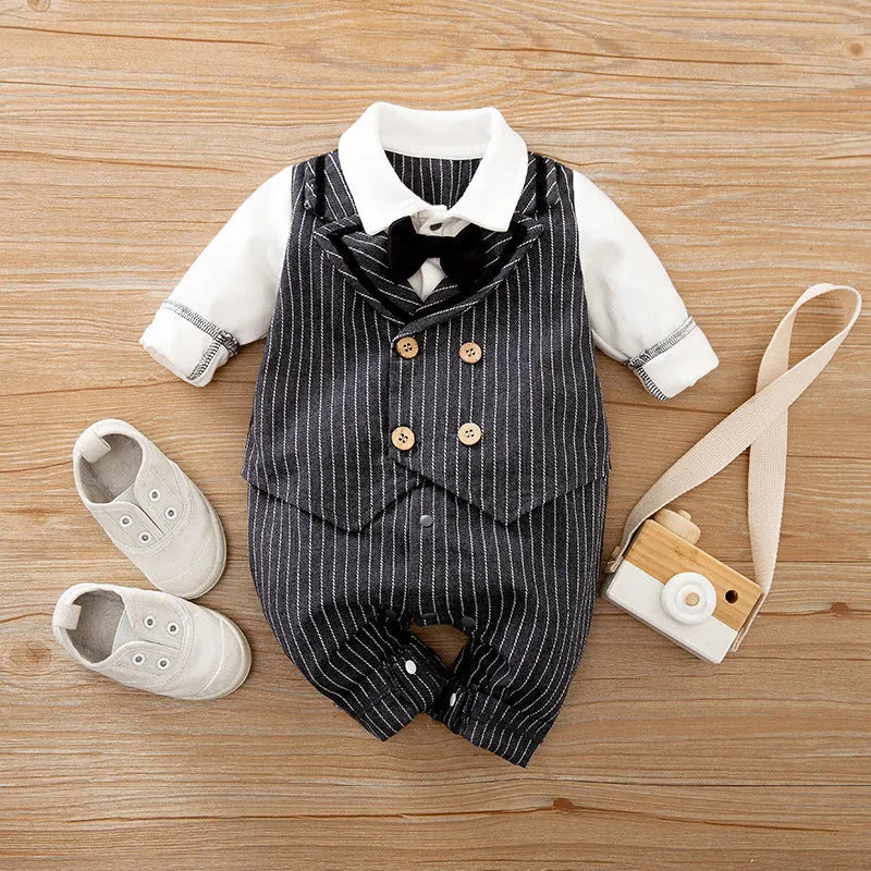 Baby wearing a long-sleeved cotton jumpsuit in a grey gentleman style for spring or autumn.