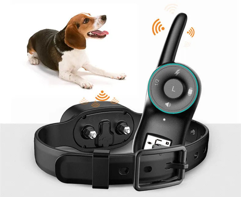 Waterproof rechargeable dog training collar with remote control in black or orange colours