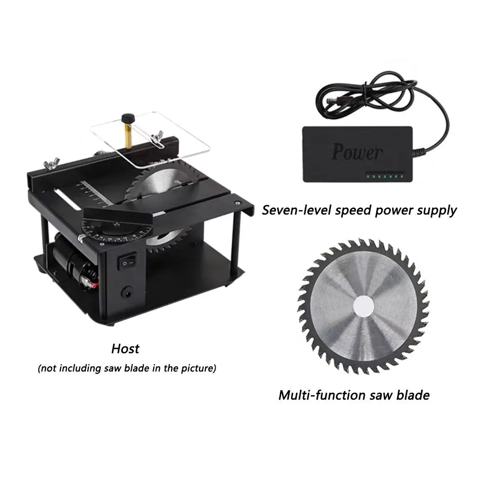 Black miniature table saw with sliding cutting table and 110mm diameter blade