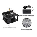 Black miniature table saw with sliding cutting table and 110mm diameter blade