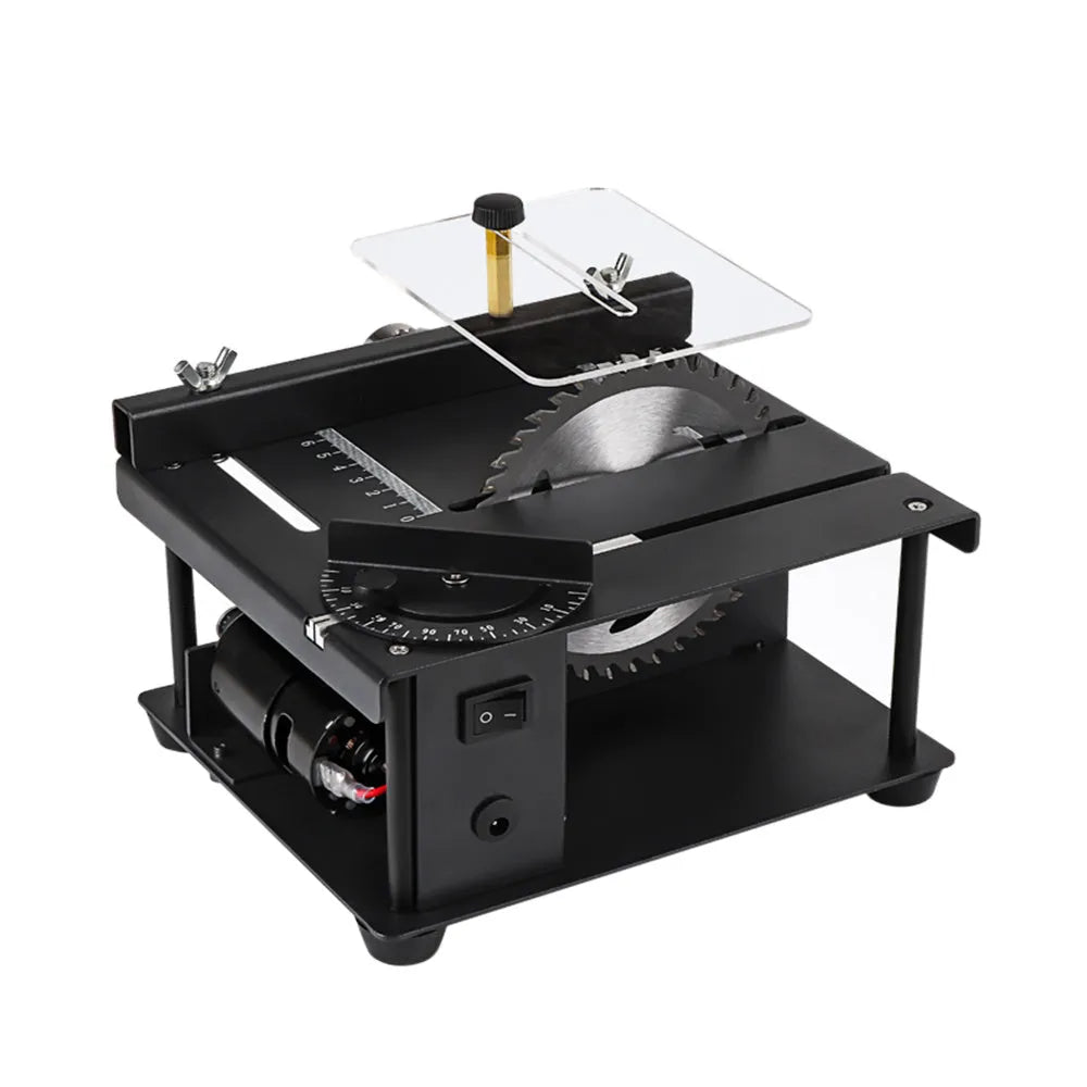 Black miniature table saw with sliding cutting table and 110mm diameter blade