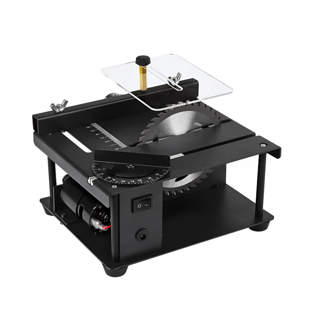 Black miniature table saw with sliding cutting table and 110mm diameter blade