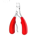 Stainless steel nail clipper with coloured ABS plastic handle on a plain background.