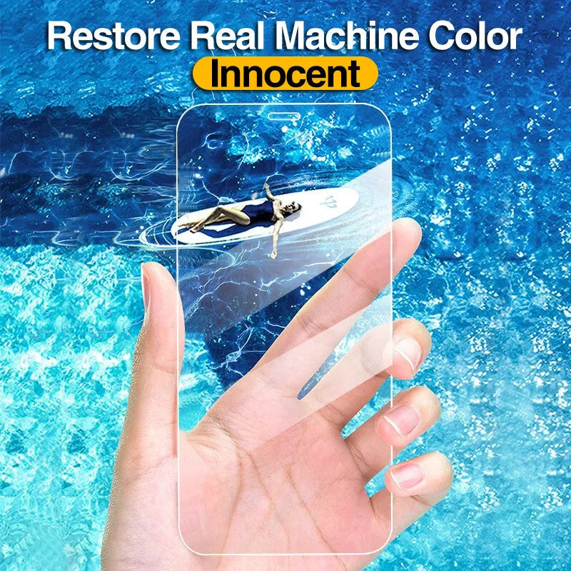 Four transparent tempered glass iPhone screen protectors with anti-blue light feature on packaging.