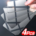 Four transparent tempered glass iPhone screen protectors with anti-blue light feature on packaging.