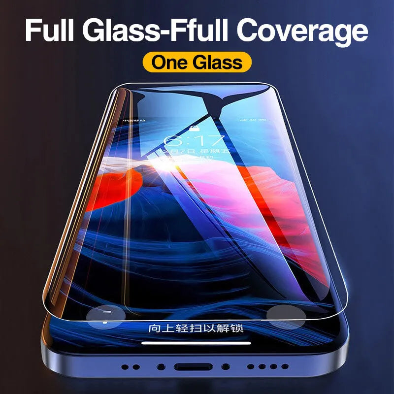 Four transparent tempered glass iPhone screen protectors with anti-blue light feature on packaging.