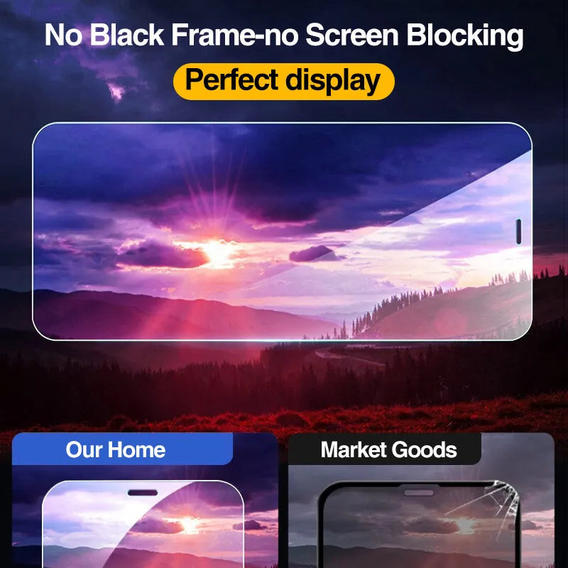 Four transparent tempered glass iPhone screen protectors with anti-blue light feature on packaging.
