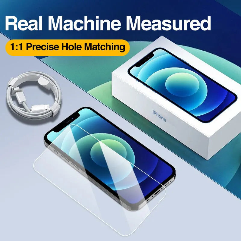 Four transparent tempered glass iPhone screen protectors with anti-blue light feature on packaging.