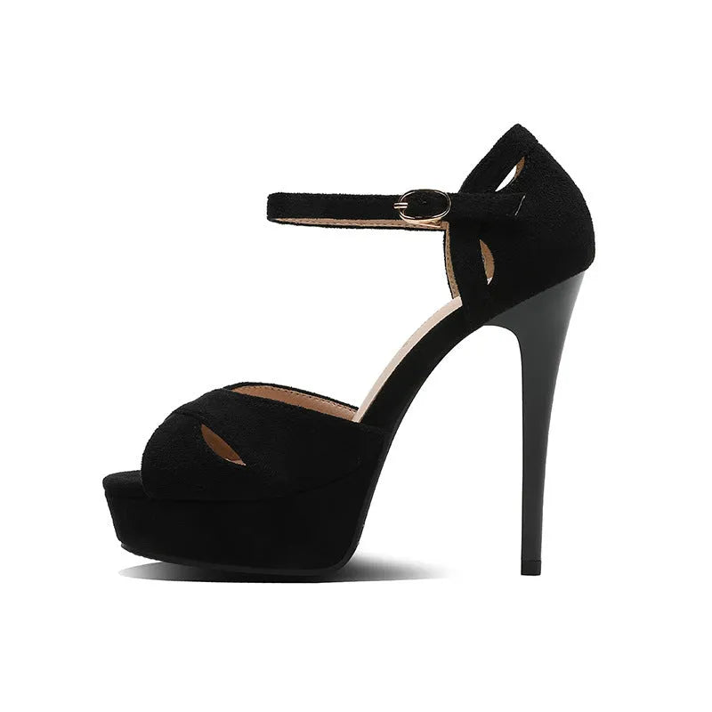 Black Roman-style women's platform sandals with fish mouth toe and waterproof suede construction