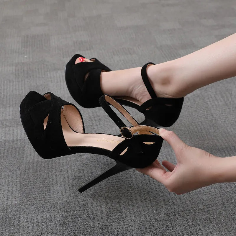 Black Roman-style women's platform sandals with fish mouth toe and waterproof suede construction