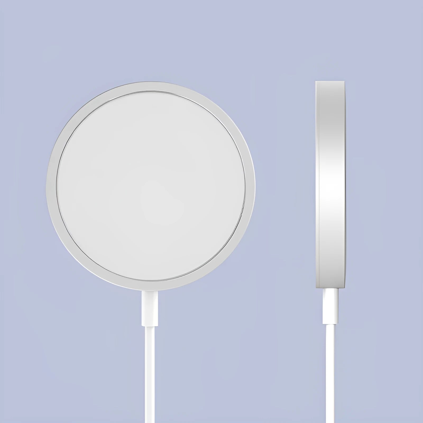 Silver metal Magsafe magnetic wireless charger for iPhone showing magnetic ring.